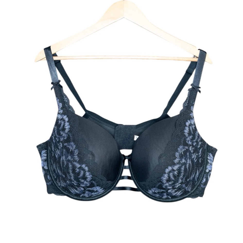Cacique Bra 46DD Push Up Bra Boost Balconette Black Lace Trim Sexy Lane Bryant